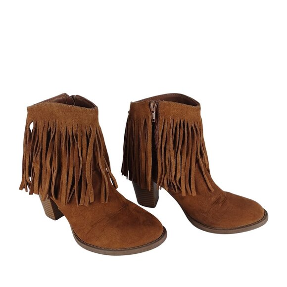 Western Fringe Ankle Boots Chunky Block Heel Zipper Brown Suede Round Toe Size 6 - Picture 1 of 14